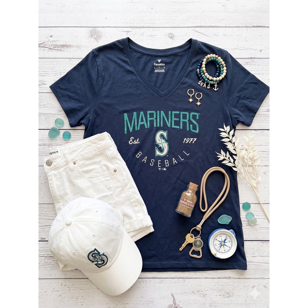 Fanatics Seattle Mariners T-Shirt Womens Large Navy Excellent V-Neck Cotton Tee